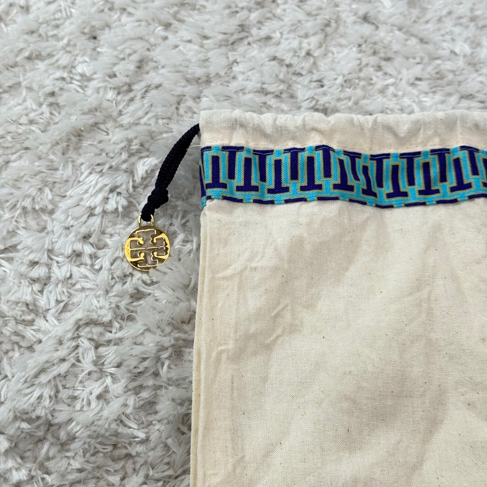Tory Burch Dust Bag Drawstring Logo Charm Travel Storage Beige Blue 14x12 - Picture 2 of 6